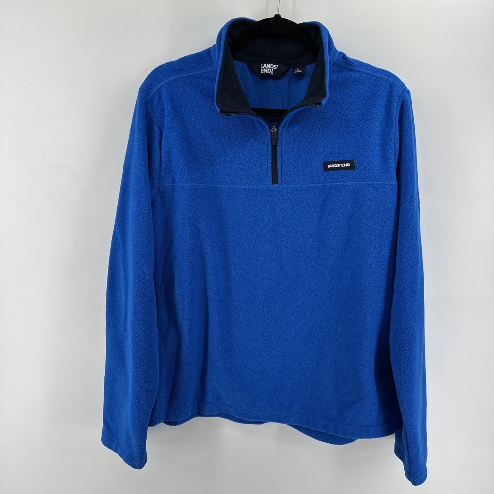 Lands' End Men Large Blue Fleece Quarter-Zip Pullover Mock Neck Sweater
